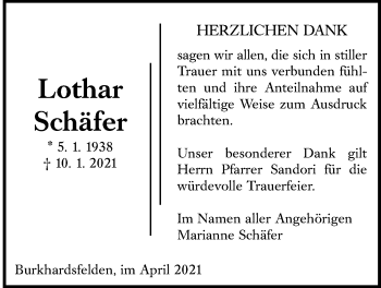 Traueranzeige von Lothar Schäfer von Giessener Allgemeine, Alsfelder Allgemeine