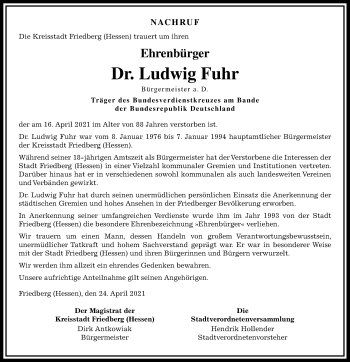 Traueranzeige von Ludwig Fuhr von Wetterauer Zeitung