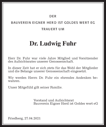 Traueranzeige von Ludwig Fuhr von Wetterauer Zeitung