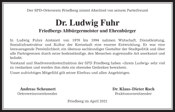 Traueranzeige von Ludwig Fuhr von Wetterauer Zeitung