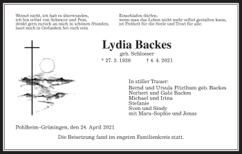 Traueranzeige von Lydia Backes von Giessener Allgemeine, Alsfelder Allgemeine