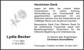 Traueranzeige von Lydia Becker von Mücker Stimme