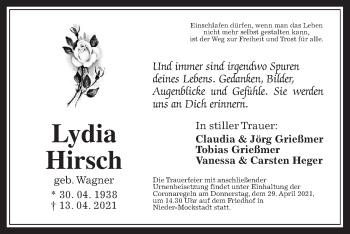 Traueranzeige von Lydia Hirsch von Wetterauer Zeitung