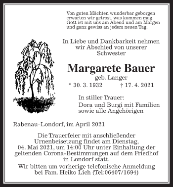 Traueranzeige von Margarete Bauer von Rabenauer Zeitung