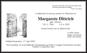 Traueranzeige von Margarete Dittrich von Wetterauer Zeitung
