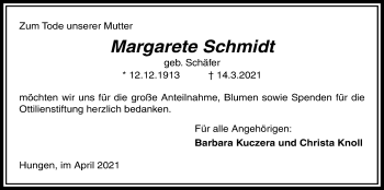 Traueranzeige von Margarete Schmidt von Licher Wochenblatt