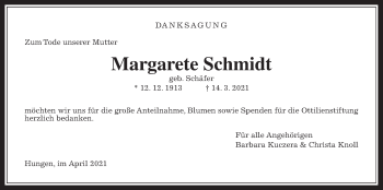 Traueranzeige von Margarete Schmidt von Giessener Allgemeine, Alsfelder Allgemeine
