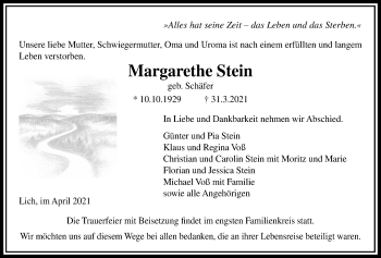 Traueranzeige von Margarethe Stein von Licher Wochenblatt