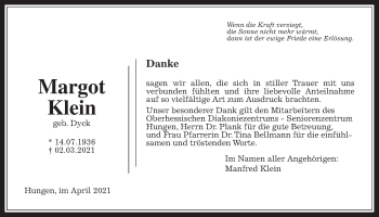 Traueranzeige von Margot Klein von Licher Wochenblatt