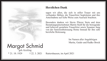 Traueranzeige von Margot Schmid von Giessener Allgemeine, Alsfelder Allgemeine