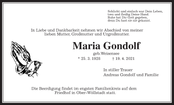 Traueranzeige von Maria Gondolf von Wetterauer Zeitung