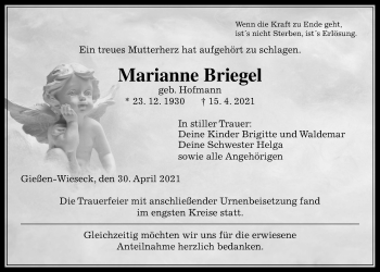 Traueranzeige von Marianne Briegel von Giessener Allgemeine, Alsfelder Allgemeine