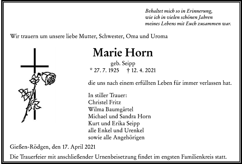  Traueranzeige für Marie Horn vom 17.04.2021 aus Giessener Allgemeine, Alsfelder Allgemeine