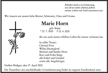 Traueranzeige von Marie Horn von Giessener Allgemeine, Alsfelder Allgemeine