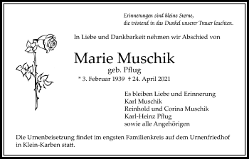 Traueranzeige von Marie Muschik von Bad Vilbel/Karben