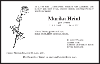 Traueranzeige von Marika Heinl von Alsfelder Allgemeine