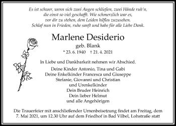 Traueranzeige von Marlene Desiderio von Bad Vilbel/Karben