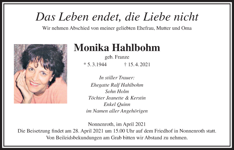  Traueranzeige für Monika Hahlbohm vom 22.04.2021 aus Licher Wochenblatt