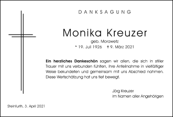 Traueranzeige von Monika Kreuzer von Wetterauer Zeitung