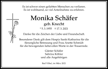 Traueranzeige von Monika Schäfer von Bad Vilbel/Karben