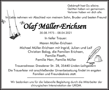 Traueranzeige von Olaf Müller-Erichsen von Wetterauer Zeitung, Giessener Allgemeine, Alsfelder Allgemeine