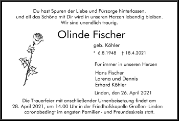 Traueranzeige von Olinde Fischer von Giessener Allgemeine, Alsfelder Allgemeine