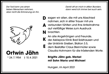 Traueranzeige von Ortwin Jähn von Licher Wochenblatt