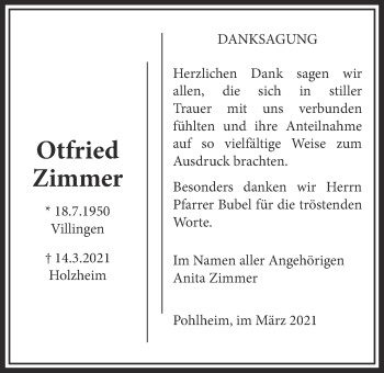 Traueranzeige von Otfried Zimmer von Licher Wochenblatt