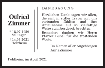 Traueranzeige von Otfried Zimmer von Pohlheimer Nachrichten