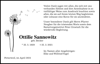 Traueranzeige von Ottilie Sannowitz von Wetterauer Zeitung