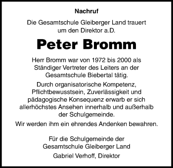 Traueranzeige von Peter Bromm von Giessener Allgemeine, Alsfelder Allgemeine