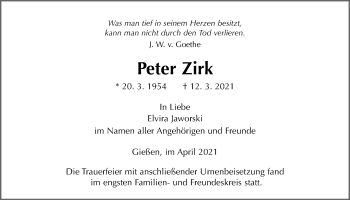 Traueranzeige von Peter Zink von Giessener Allgemeine, Alsfelder Allgemeine