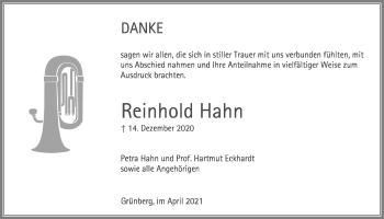 Traueranzeige von Reinhold Hahn von Giessener Allgemeine, Alsfelder Allgemeine
