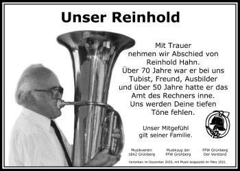 Traueranzeige von Reinhold Hahn von Heimatzeitung Grünberg + Laubach