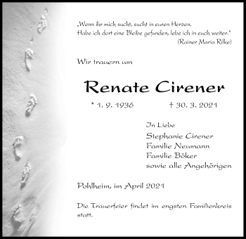 Traueranzeige von Renate Cirener von Giessener Allgemeine, Alsfelder Allgemeine