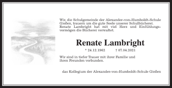 Traueranzeige von Renate Lambright von Wetterauer Zeitung, Giessener Allgemeine, Alsfelder Allgemeine
