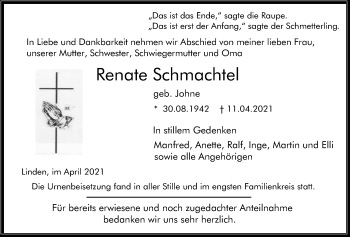 Traueranzeige von Renate Schmachtel von Giessener Allgemeine, Alsfelder Allgemeine