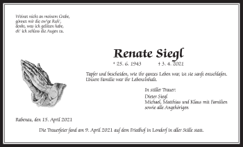 Traueranzeige von Renate Siegl von Rabenauer Zeitung