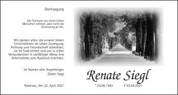 Traueranzeige von Renate Siegl von Rabenauer Zeitung