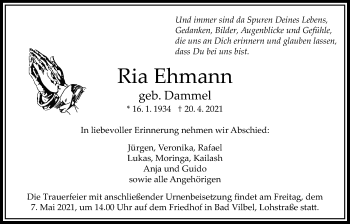Traueranzeige von Ria Ehmann von Bad Vilbel/Karben