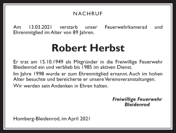 Traueranzeige von Robert Herbst von Alsfelder Allgemeine