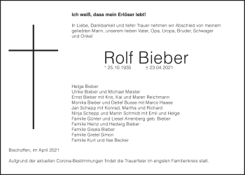 Traueranzeige von Rolf Bieber von Giessener Allgemeine, Alsfelder Allgemeine