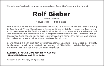 Traueranzeige von Rolf Bieber von Giessener Allgemeine, Alsfelder Allgemeine