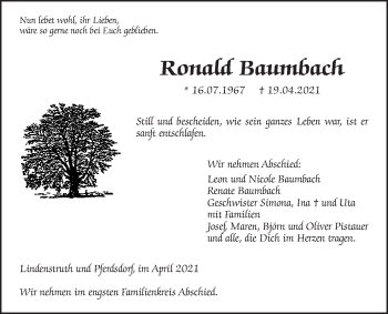 Traueranzeige von Ronald Baumbach von Giessener Allgemeine, Alsfelder Allgemeine