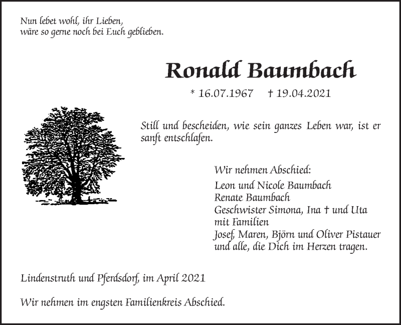  Traueranzeige für Ronald Baumbach vom 28.04.2021 aus Giessener Allgemeine, Alsfelder Allgemeine