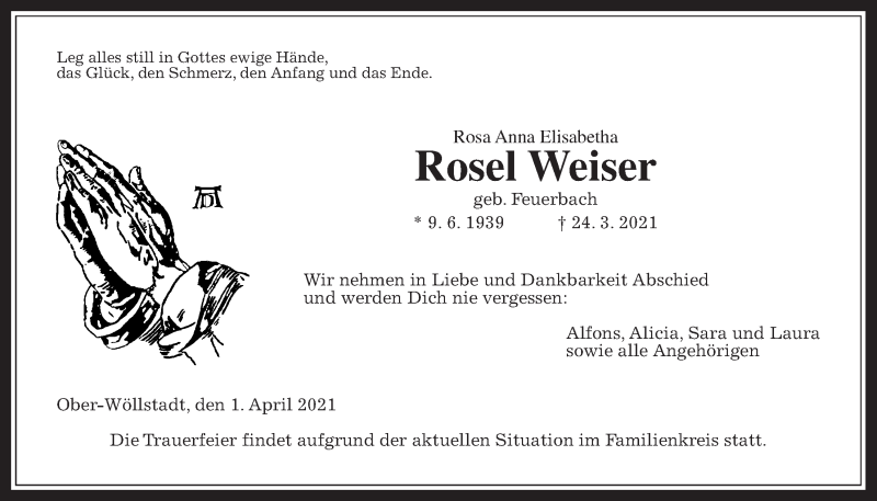  Traueranzeige für Rosa Weiser vom 01.04.2021 aus Wetterauer Zeitung