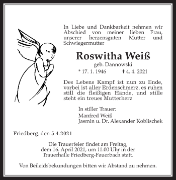 Traueranzeige von Roswitha Weiß von Wetterauer Zeitung