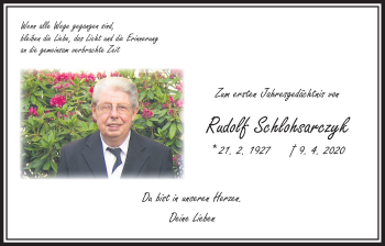 Traueranzeige von Rudolf Schlohsarczyk von Wetterauer Zeitung