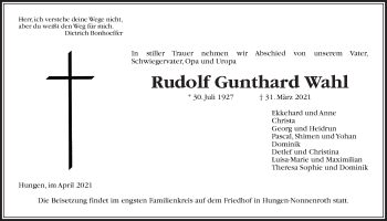 Traueranzeige von Rudolf Gunthard Wahl von Giessener Allgemeine, Alsfelder Allgemeine