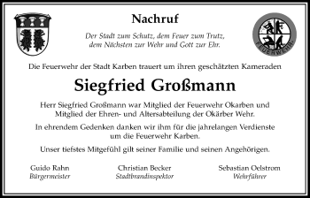 Traueranzeige von Siegfried Großmann von Bad Vilbel/Karben